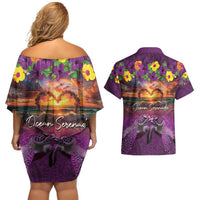 Hawaiian Turtle Love Couple Couples Matching Off Shoulder Short Dress and Hawaiian Shirt Ocean Serenade - Honu Honi Ihu with Hibiscus and Romantic Sunset Purple Color
