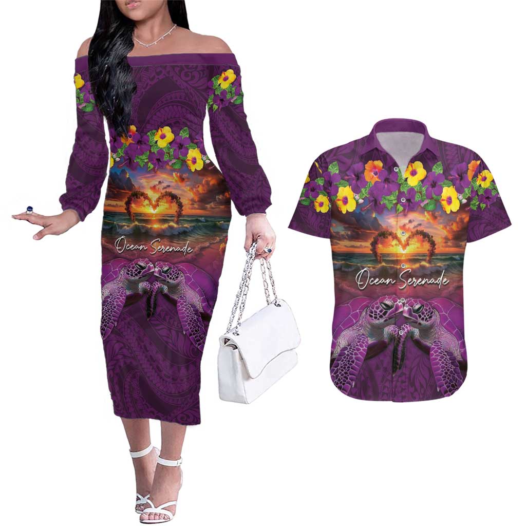 Hawaiian Turtle Love Couple Couples Matching Off The Shoulder Long Sleeve Dress and Hawaiian Shirt Ocean Serenade - Honu Honi Ihu with Hibiscus and Romantic Sunset Purple Color