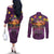 Hawaiian Turtle Love Couple Couples Matching Off The Shoulder Long Sleeve Dress and Long Sleeve Button Shirt Ocean Serenade - Honu Honi Ihu with Hibiscus and Romantic Sunset Purple Color