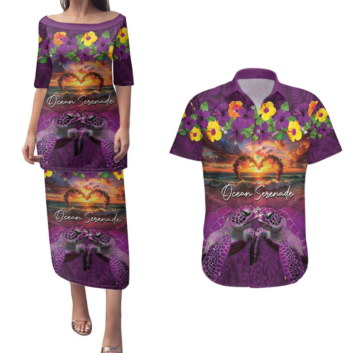 Hawaiian Turtle Love Couple Couples Matching Puletasi and Hawaiian Shirt Ocean Serenade - Honu Honi Ihu with Hibiscus and Romantic Sunset Purple Color