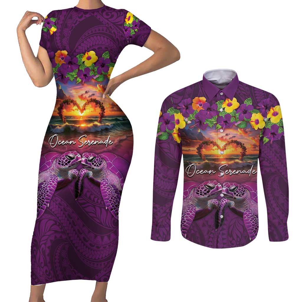 Hawaiian Turtle Love Couple Couples Matching Short Sleeve Bodycon Dress and Long Sleeve Button Shirt Ocean Serenade - Honu Honi Ihu with Hibiscus and Romantic Sunset Purple Color