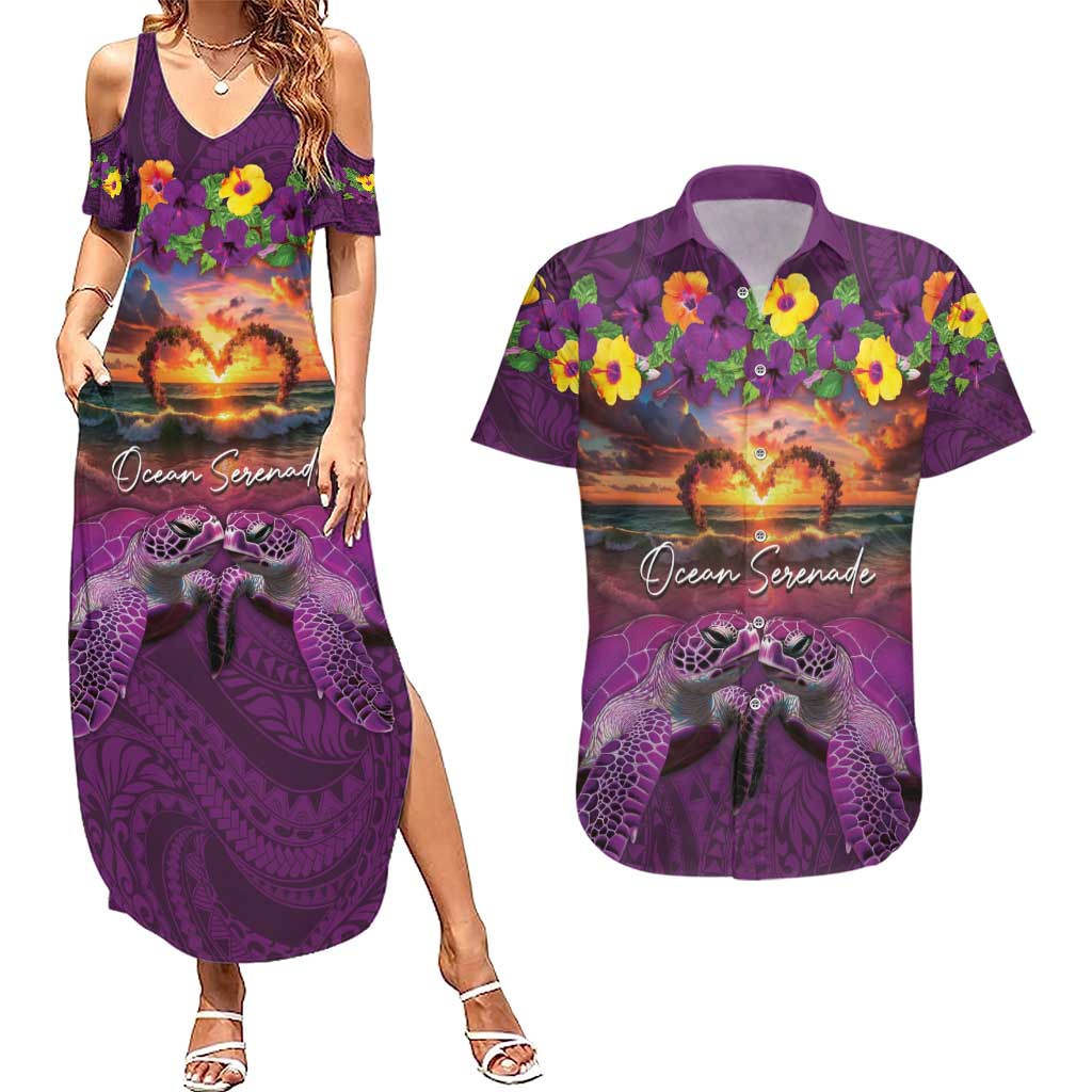 Hawaiian Turtle Love Couple Couples Matching Summer Maxi Dress and Hawaiian Shirt Ocean Serenade - Honu Honi Ihu with Hibiscus and Romantic Sunset Purple Color