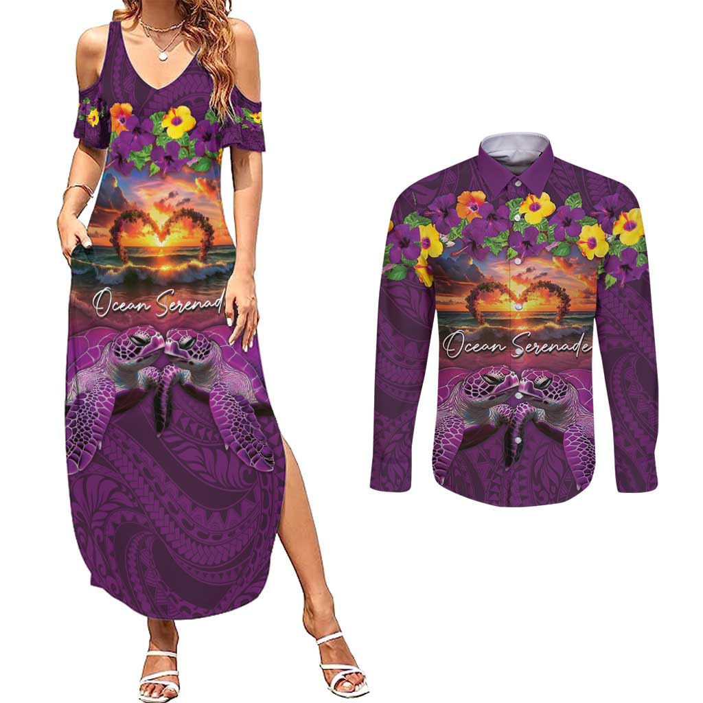 Hawaiian Turtle Love Couple Couples Matching Summer Maxi Dress and Long Sleeve Button Shirt Ocean Serenade - Honu Honi Ihu with Hibiscus and Romantic Sunset Purple Color