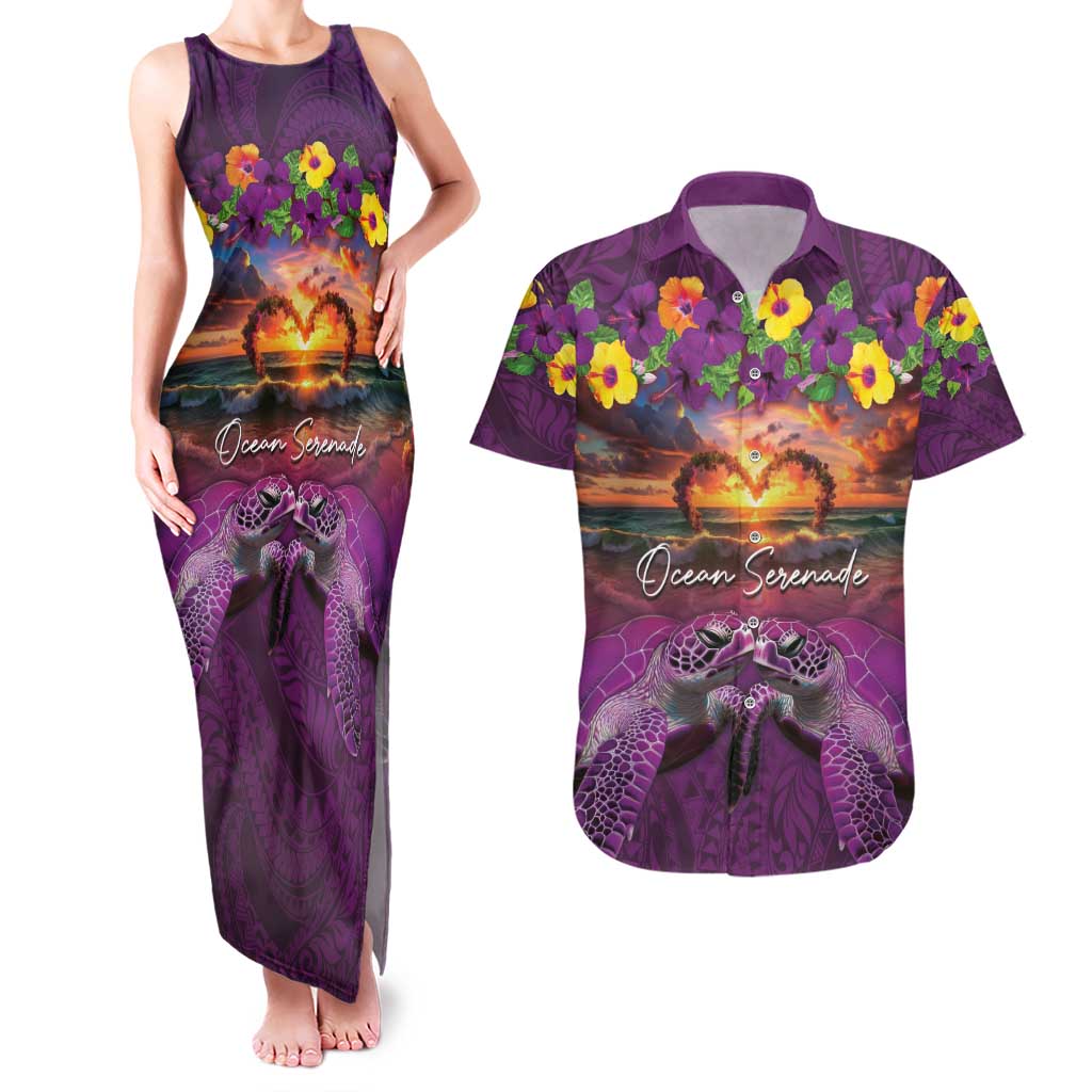 Hawaiian Turtle Love Couple Couples Matching Tank Maxi Dress and Hawaiian Shirt Ocean Serenade - Honu Honi Ihu with Hibiscus and Romantic Sunset Purple Color