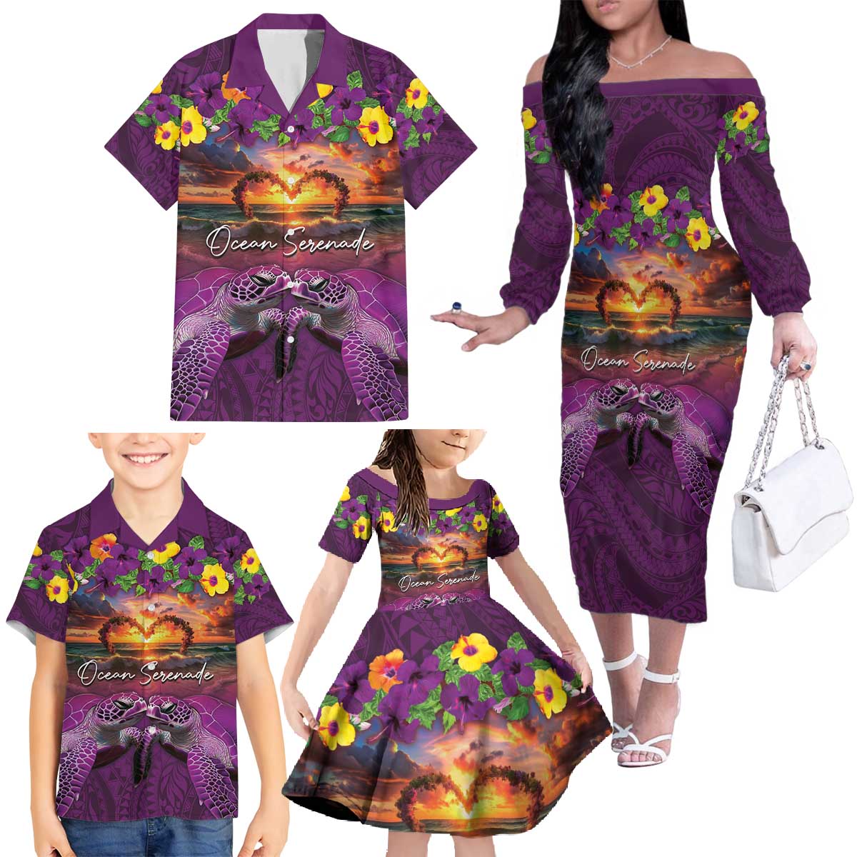 Hawaiian Turtle Love Couple Family Matching Off The Shoulder Long Sleeve Dress and Hawaiian Shirt Ocean Serenade - Honu Honi Ihu with Hibiscus and Romantic Sunset Purple Color