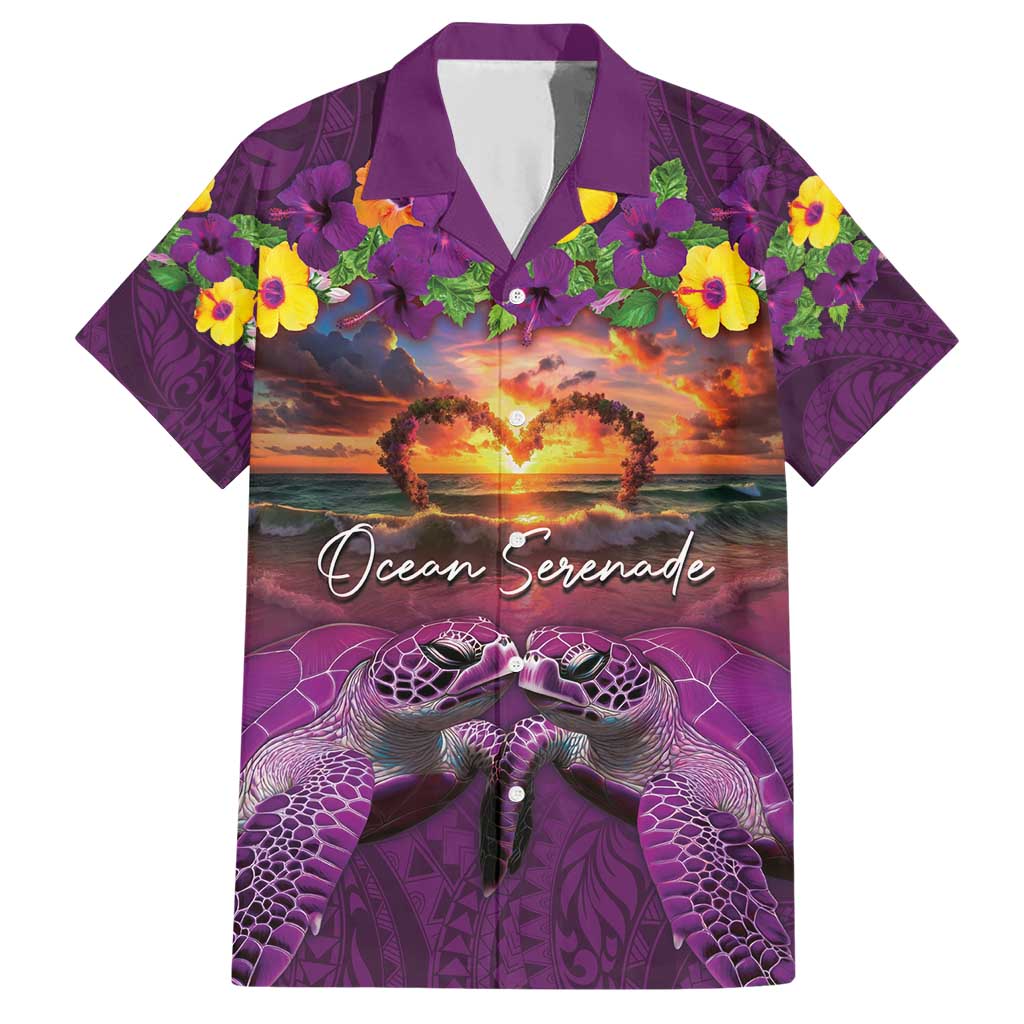 Hawaiian Turtle Love Couple Family Matching Short Sleeve Bodycon Dress and Hawaiian Shirt Ocean Serenade - Honu Honi Ihu with Hibiscus and Romantic Sunset Purple Color