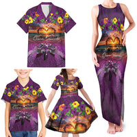 Hawaiian Turtle Love Couple Family Matching Tank Maxi Dress and Hawaiian Shirt Ocean Serenade - Honu Honi Ihu with Hibiscus and Romantic Sunset Purple Color