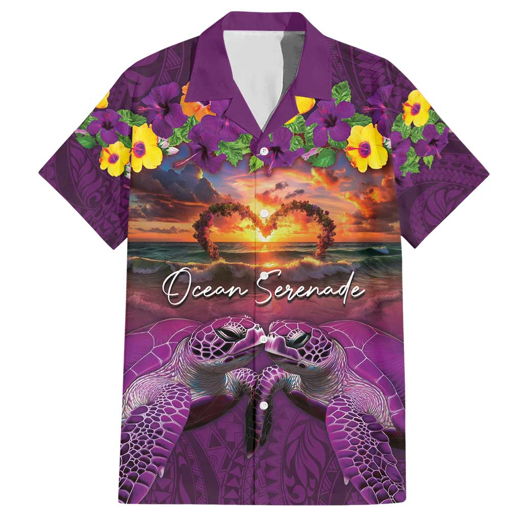 Hawaiian Turtle Love Couple Hawaiian Shirt Ocean Serenade - Honu Honi Ihu with Hibiscus and Romantic Sunset Purple Color