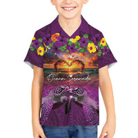Hawaiian Turtle Love Couple Hawaiian Shirt Ocean Serenade - Honu Honi Ihu with Hibiscus and Romantic Sunset Purple Color