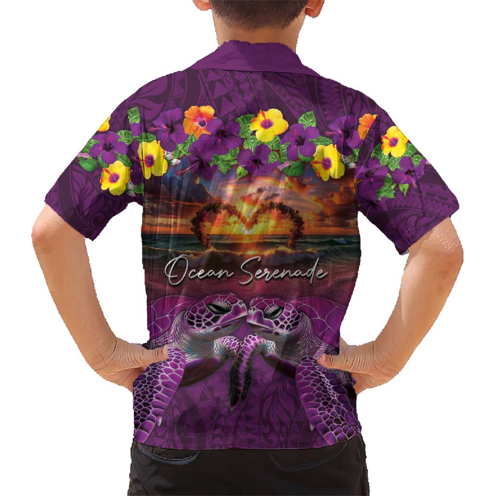 Hawaiian Turtle Love Couple Kid Hawaiian Shirt Ocean Serenade - Honu Honi Ihu with Hibiscus and Romantic Sunset Purple Color
