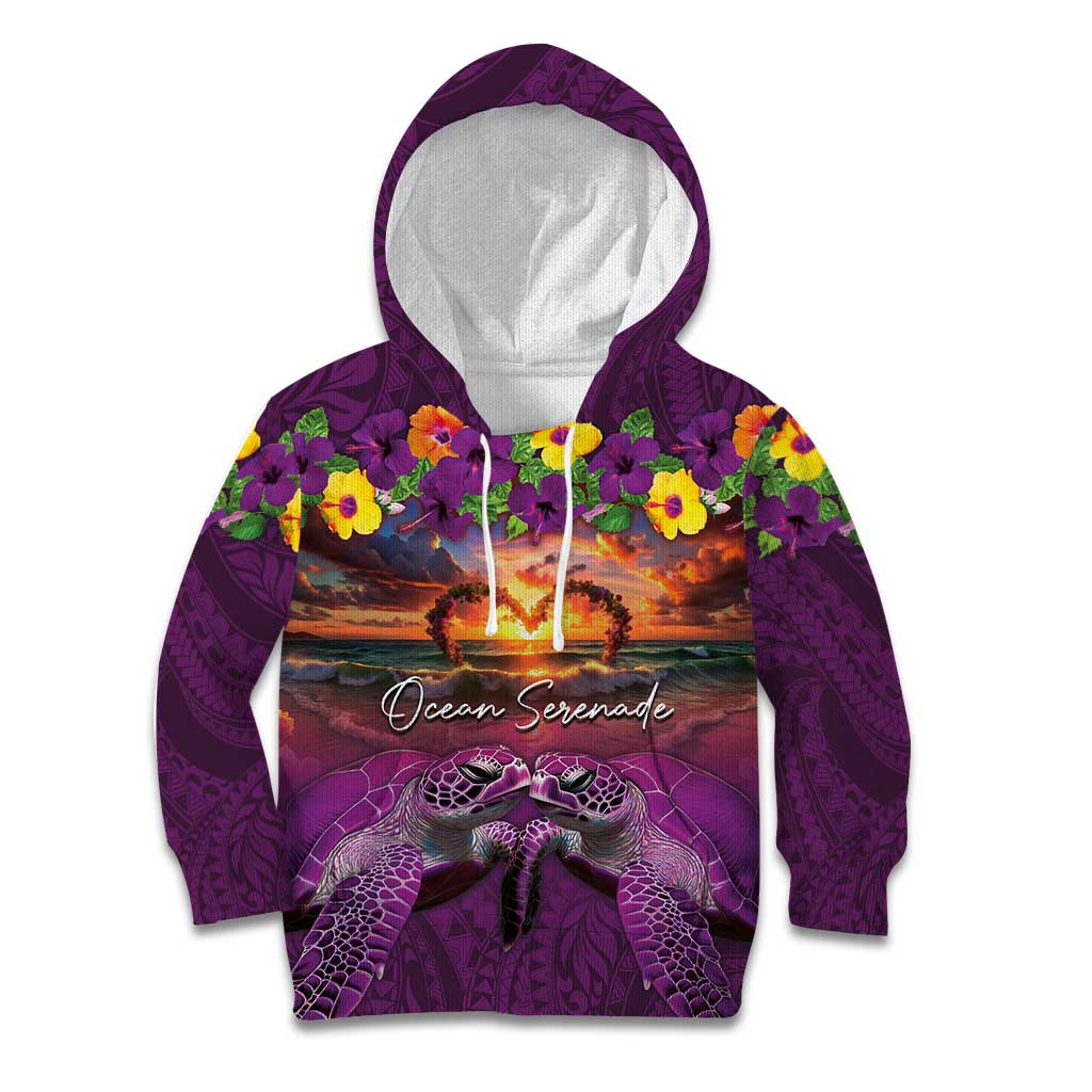 Hawaiian Turtle Love Couple Kid Hoodie Ocean Serenade - Honu Honi Ihu with Hibiscus and Romantic Sunset Purple Color