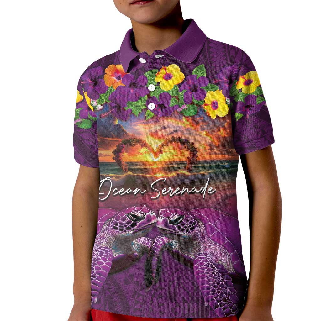 Hawaiian Turtle Love Couple Kid Polo Shirt Ocean Serenade - Honu Honi Ihu with Hibiscus and Romantic Sunset Purple Color