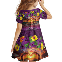 Hawaiian Turtle Love Couple Kid Short Sleeve Dress Ocean Serenade - Honu Honi Ihu with Hibiscus and Romantic Sunset Purple Color LT03 - Polynesian Pride