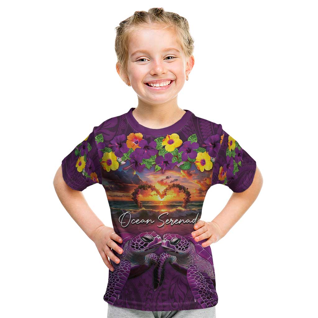 Hawaiian Turtle Love Couple Kid T Shirt Ocean Serenade - Honu Honi Ihu with Hibiscus and Romantic Sunset Purple Color