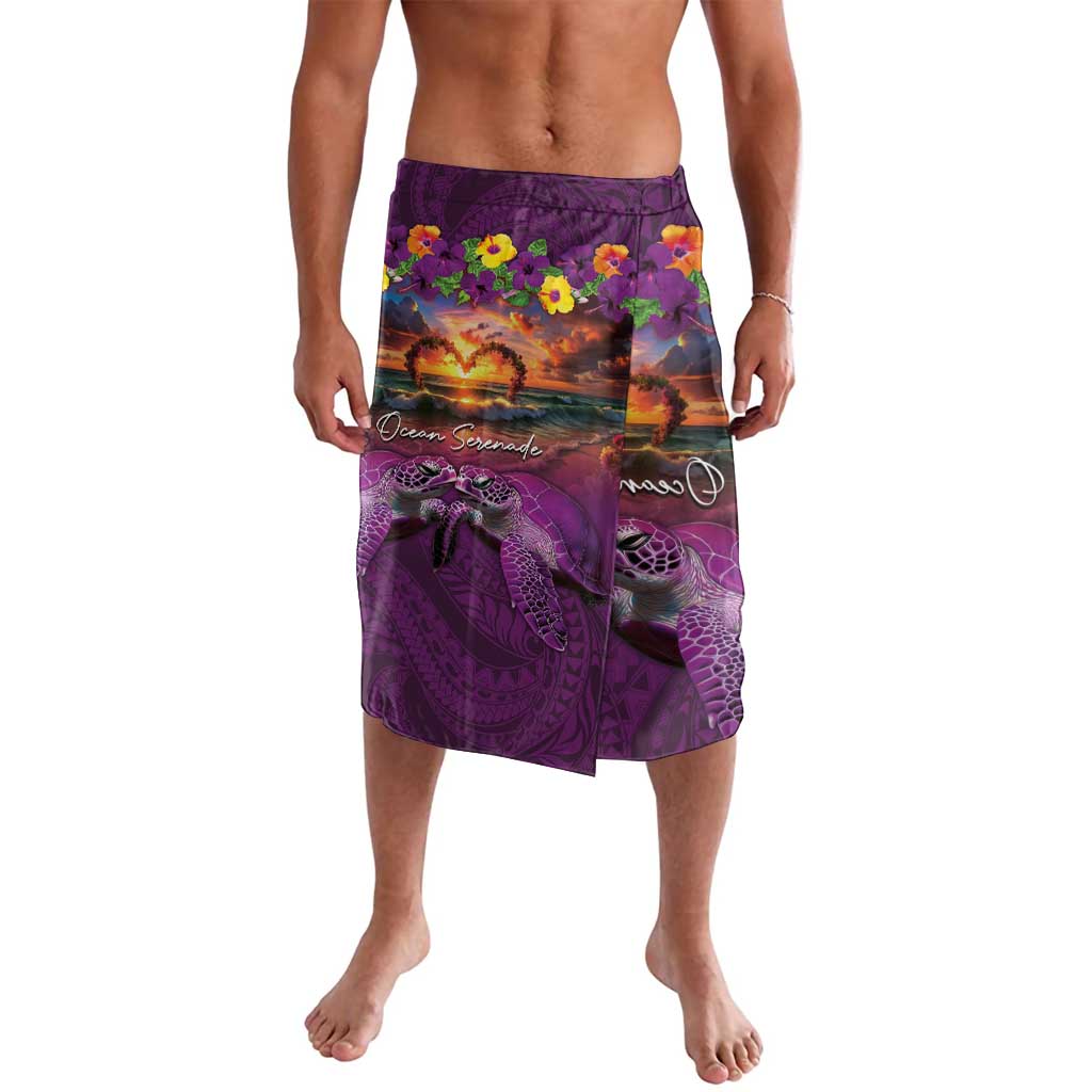 Hawaiian Turtle Love Couple Lavalava Ocean Serenade - Honu Honi Ihu with Hibiscus and Romantic Sunset Purple Color