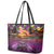 Hawaiian Turtle Love Couple Leather Tote Bag Ocean Serenade - Honu Honi Ihu with Hibiscus and Romantic Sunset Purple Color