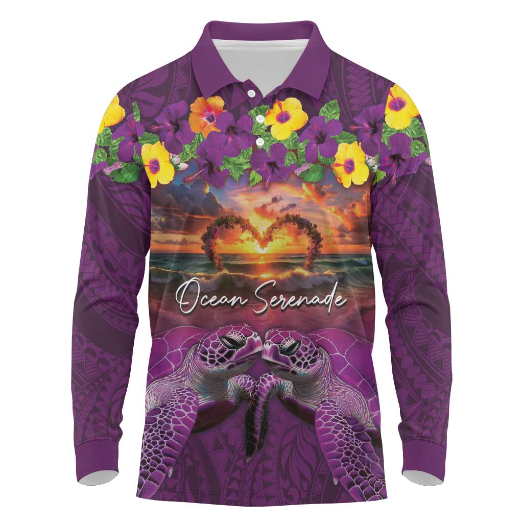 Hawaiian Turtle Love Couple Long Sleeve Polo Shirt Ocean Serenade - Honu Honi Ihu with Hibiscus and Romantic Sunset Purple Color