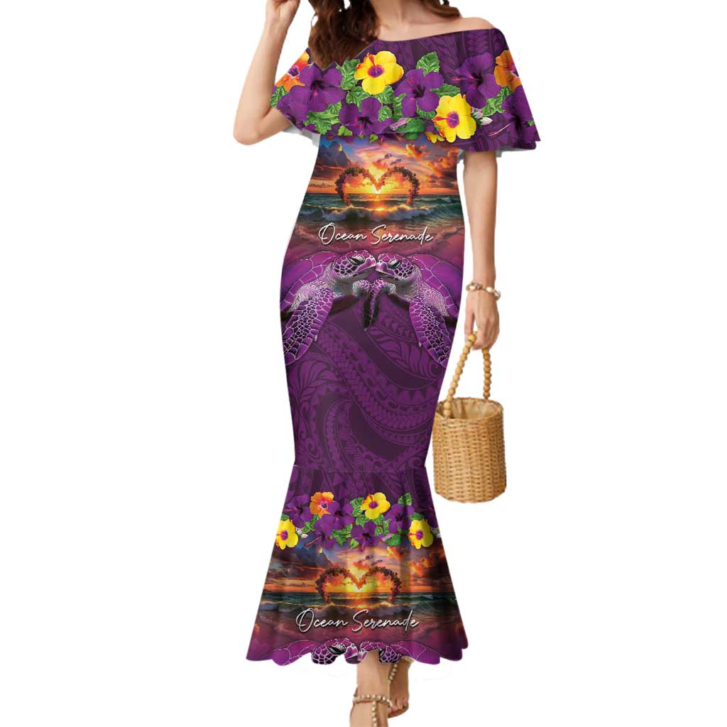 Hawaiian Turtle Love Couple Mermaid Dress Ocean Serenade - Honu Honi Ihu with Hibiscus and Romantic Sunset Purple Color LT03 Women Purple - Polynesian Pride