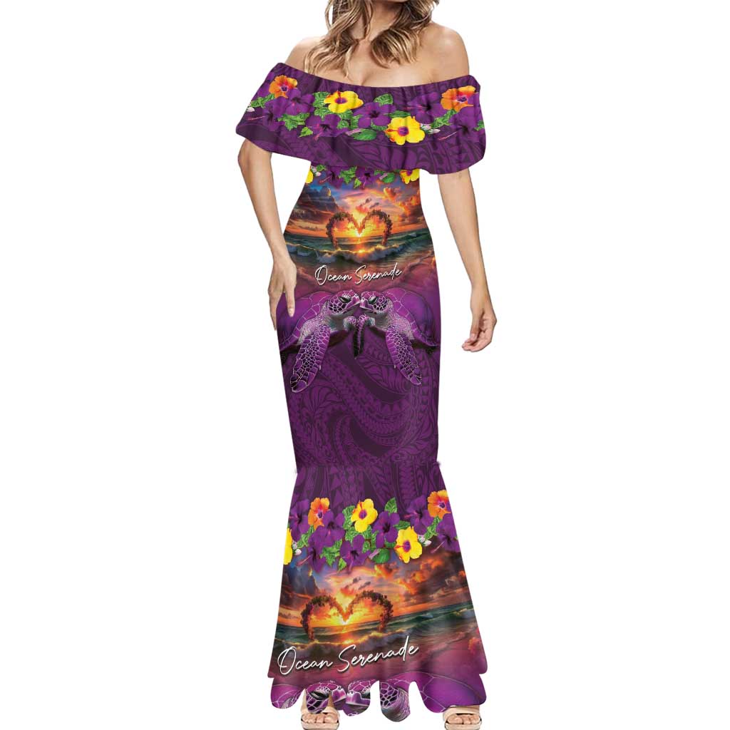 Hawaiian Turtle Love Couple Mermaid Dress Ocean Serenade - Honu Honi Ihu with Hibiscus and Romantic Sunset Purple Color LT03 - Polynesian Pride