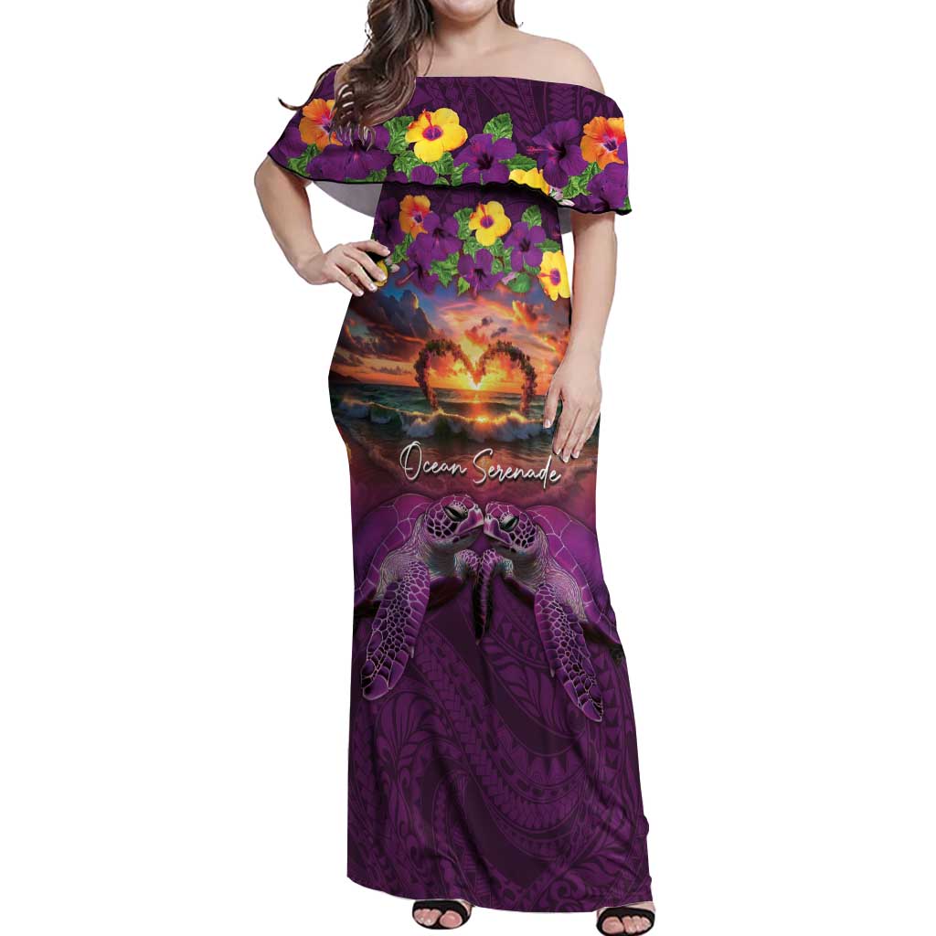 Hawaiian Turtle Love Couple Off Shoulder Maxi Dress Ocean Serenade - Honu Honi Ihu with Hibiscus and Romantic Sunset Purple Color