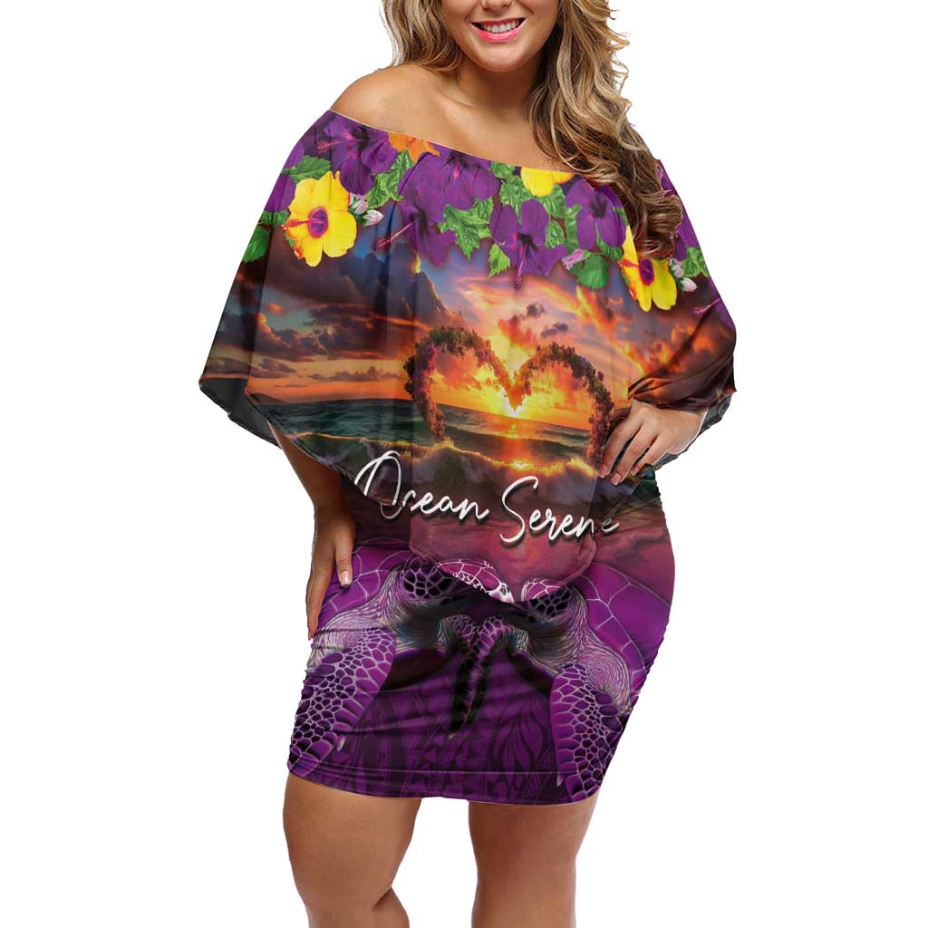 Hawaiian Turtle Love Couple Off Shoulder Short Dress Ocean Serenade - Honu Honi Ihu with Hibiscus and Romantic Sunset Purple Color LT03 Women Purple - Polynesian Pride