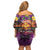 Hawaiian Turtle Love Couple Off Shoulder Short Dress Ocean Serenade - Honu Honi Ihu with Hibiscus and Romantic Sunset Purple Color