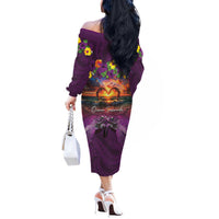 Hawaiian Turtle Love Couple Off The Shoulder Long Sleeve Dress Ocean Serenade - Honu Honi Ihu with Hibiscus and Romantic Sunset Purple Color LT03 - Polynesian Pride