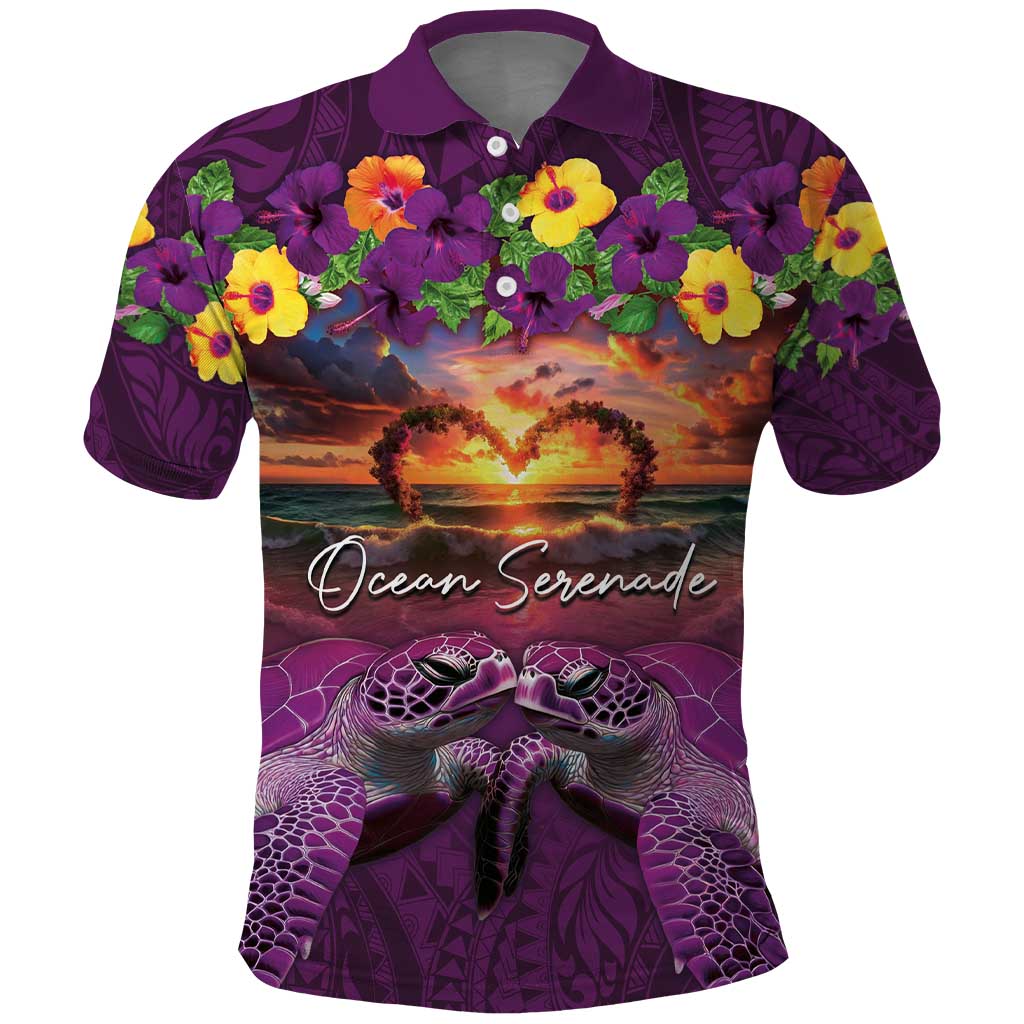 Hawaiian Turtle Love Couple Polo Shirt Ocean Serenade - Honu Honi Ihu with Hibiscus and Romantic Sunset Purple Color