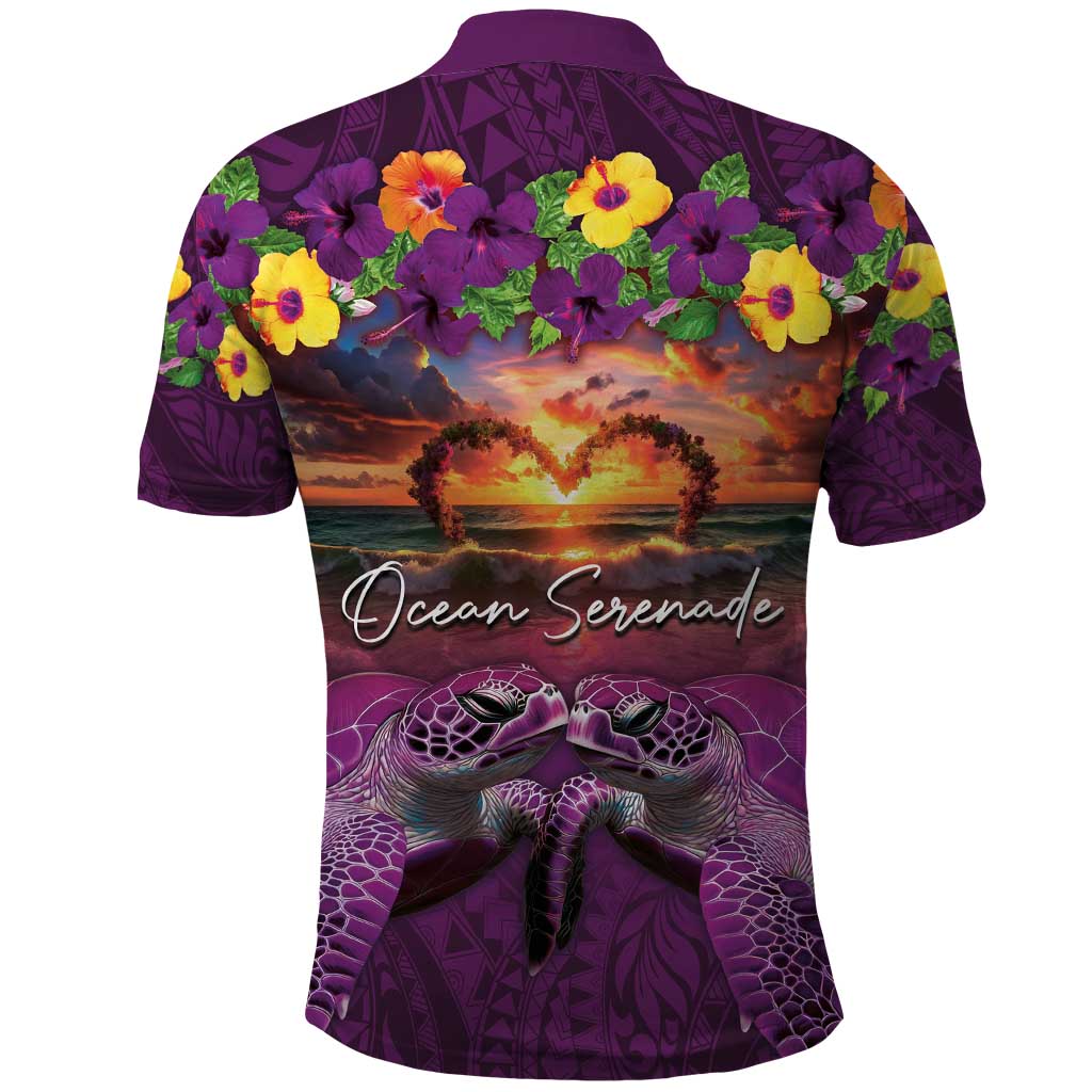 Hawaiian Turtle Love Couple Polo Shirt Ocean Serenade - Honu Honi Ihu with Hibiscus and Romantic Sunset Purple Color