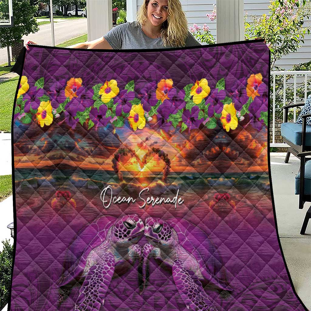 Hawaiian Turtle Love Couple Quilt Ocean Serenade - Honu Honi Ihu with Hibiscus and Romantic Sunset Purple Color