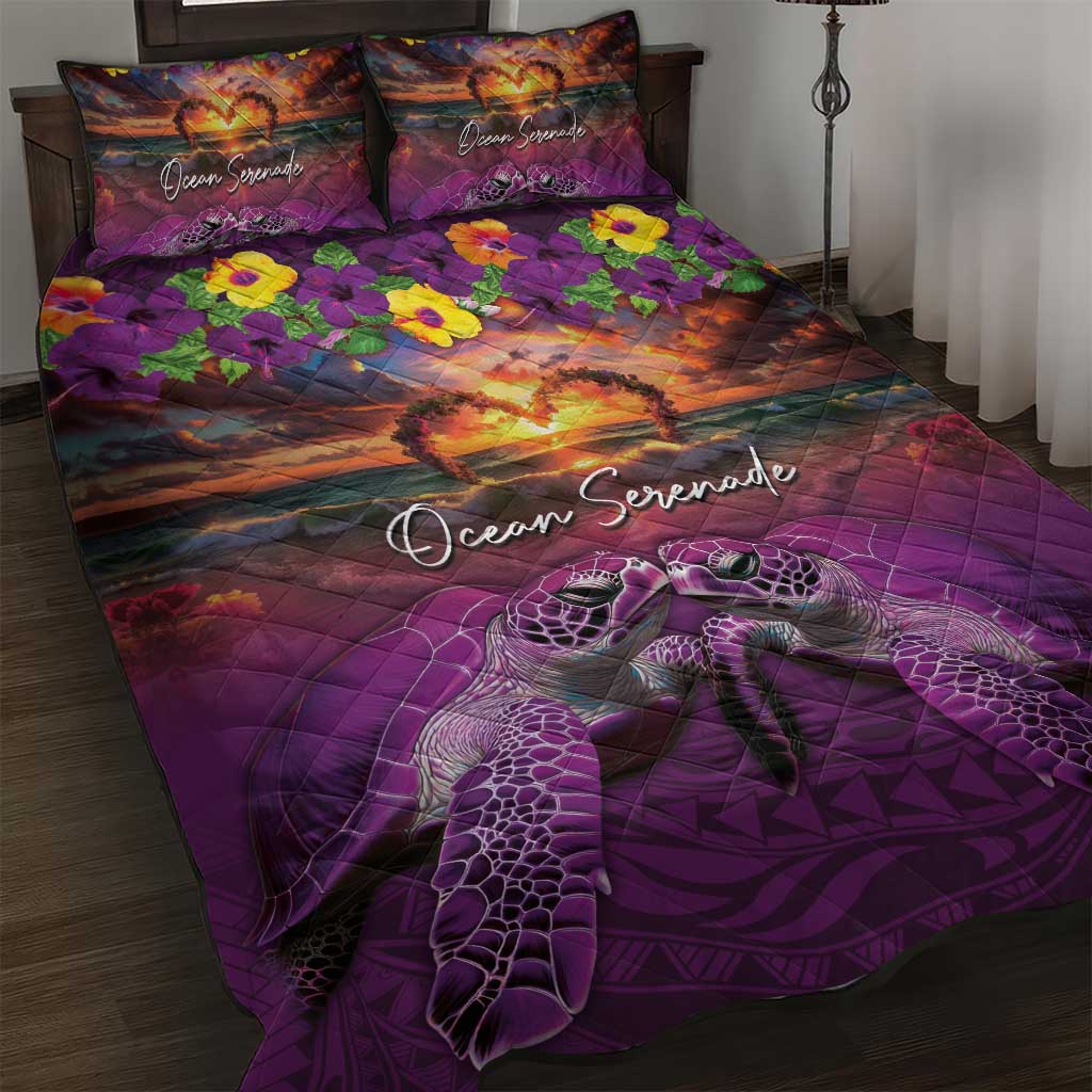 Hawaiian Turtle Love Couple Quilt Bed Set Ocean Serenade - Honu Honi Ihu with Hibiscus and Romantic Sunset Purple Color