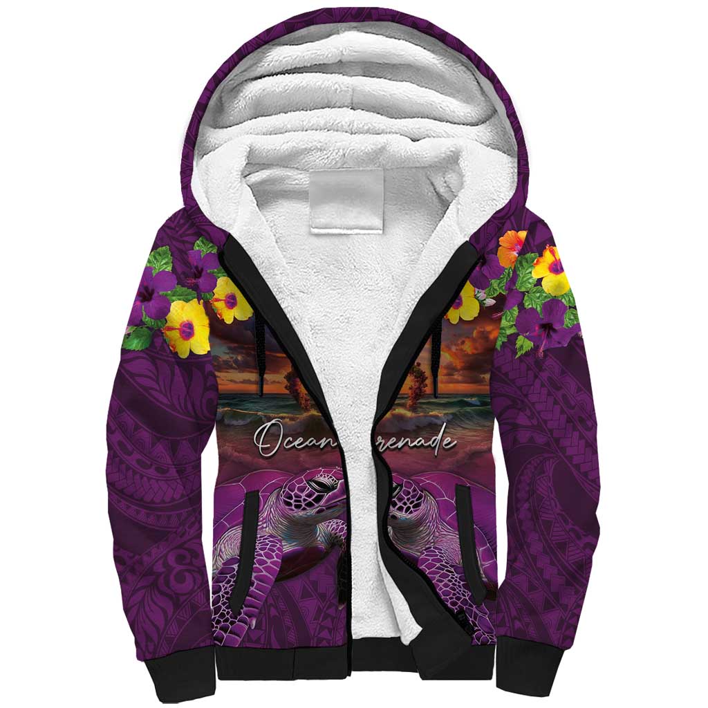 Hawaiian Turtle Love Couple Sherpa Hoodie Ocean Serenade - Honu Honi Ihu with Hibiscus and Romantic Sunset Purple Color