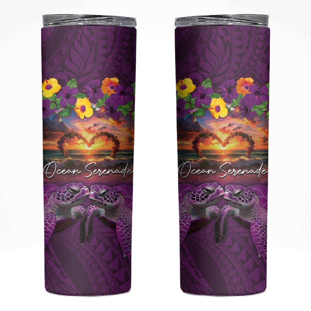 Hawaiian Turtle Love Couple Skinny Tumbler Ocean Serenade - Honu Honi Ihu with Hibiscus and Romantic Sunset Purple Color