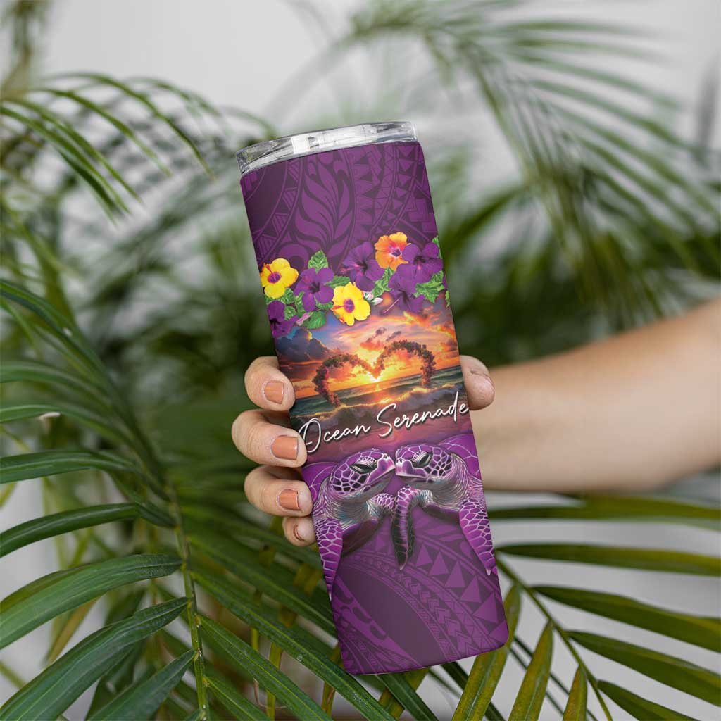 Hawaiian Turtle Love Couple Skinny Tumbler Ocean Serenade - Honu Honi Ihu with Hibiscus and Romantic Sunset Purple Color