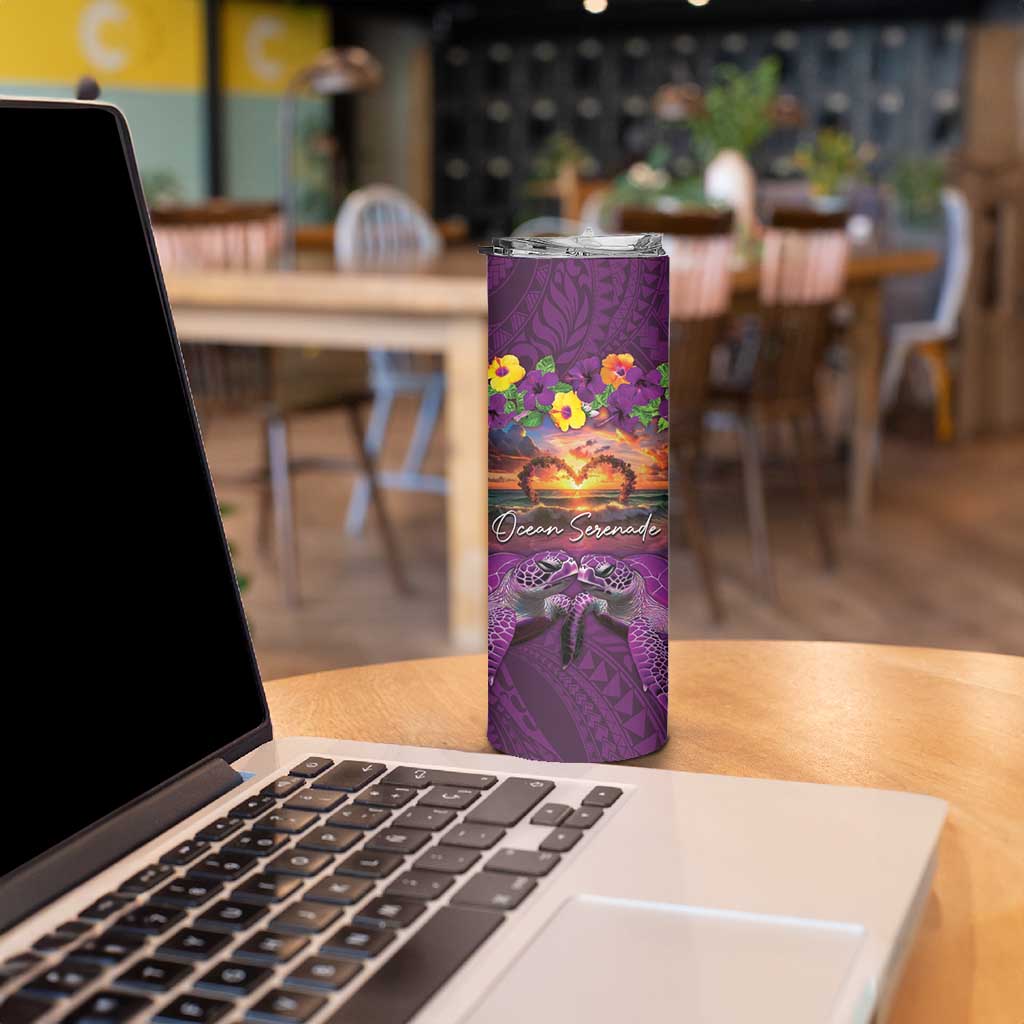 Hawaiian Turtle Love Couple Skinny Tumbler Ocean Serenade - Honu Honi Ihu with Hibiscus and Romantic Sunset Purple Color