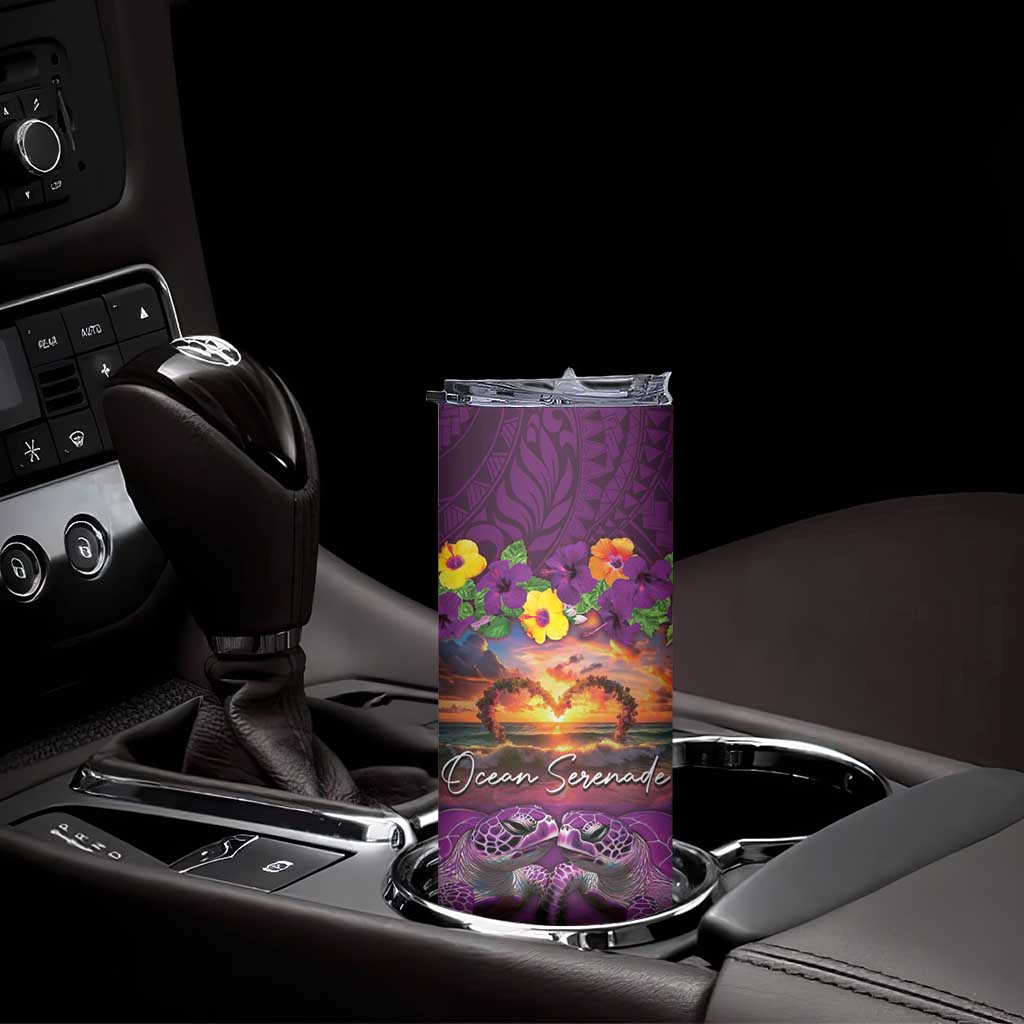 Hawaiian Turtle Love Couple Skinny Tumbler Ocean Serenade - Honu Honi Ihu with Hibiscus and Romantic Sunset Purple Color