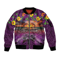 Hawaiian Turtle Love Couple Sleeve Zip Bomber Jacket Ocean Serenade - Honu Honi Ihu with Hibiscus and Romantic Sunset Purple Color LT03 Unisex Purple - Polynesian Pride