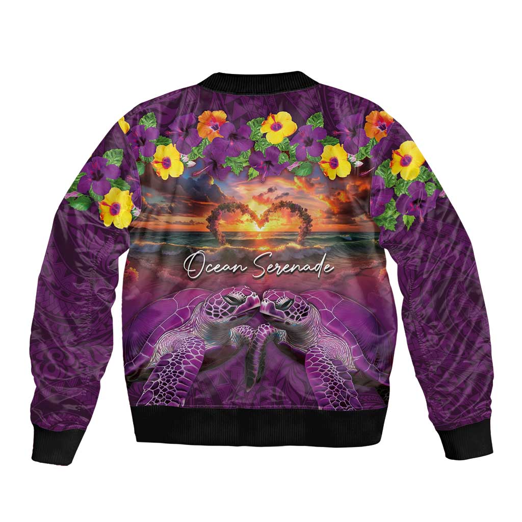 Hawaiian Turtle Love Couple Sleeve Zip Bomber Jacket Ocean Serenade - Honu Honi Ihu with Hibiscus and Romantic Sunset Purple Color LT03 - Polynesian Pride