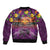 Hawaiian Turtle Love Couple Sleeve Zip Bomber Jacket Ocean Serenade - Honu Honi Ihu with Hibiscus and Romantic Sunset Purple Color