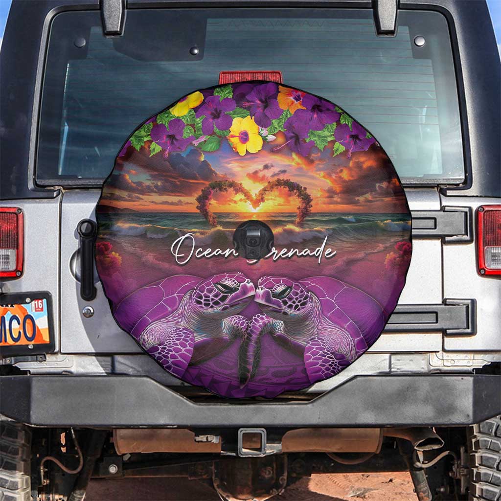 Hawaiian Turtle Love Couple Spare Tire Cover Ocean Serenade - Honu Honi Ihu with Hibiscus and Romantic Sunset Purple Color