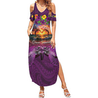 Hawaiian Turtle Love Couple Summer Maxi Dress Ocean Serenade - Honu Honi Ihu with Hibiscus and Romantic Sunset Purple Color LT03 Women Purple - Polynesian Pride