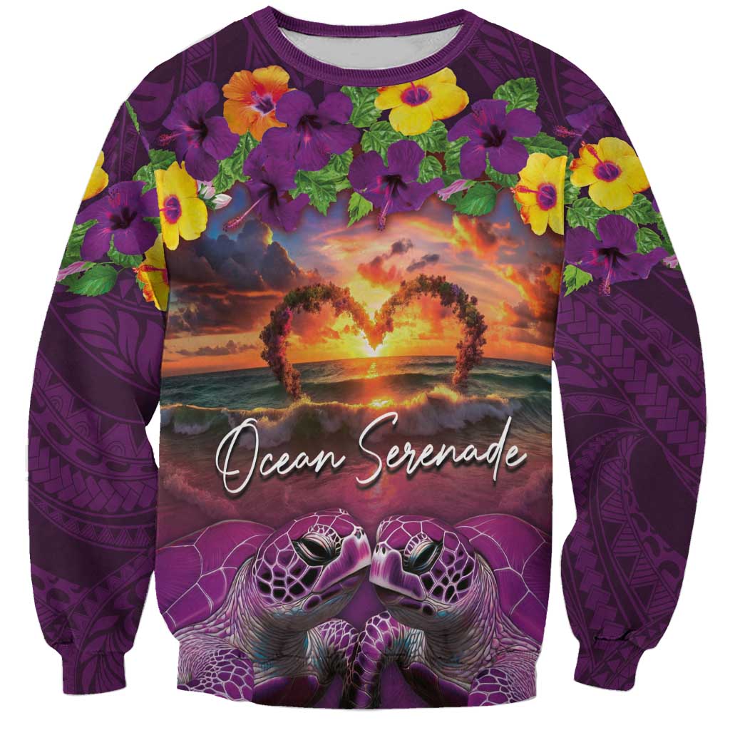 Hawaiian Turtle Love Couple Sweatshirt Ocean Serenade - Honu Honi Ihu with Hibiscus and Romantic Sunset Purple Color