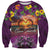 Hawaiian Turtle Love Couple Sweatshirt Ocean Serenade - Honu Honi Ihu with Hibiscus and Romantic Sunset Purple Color