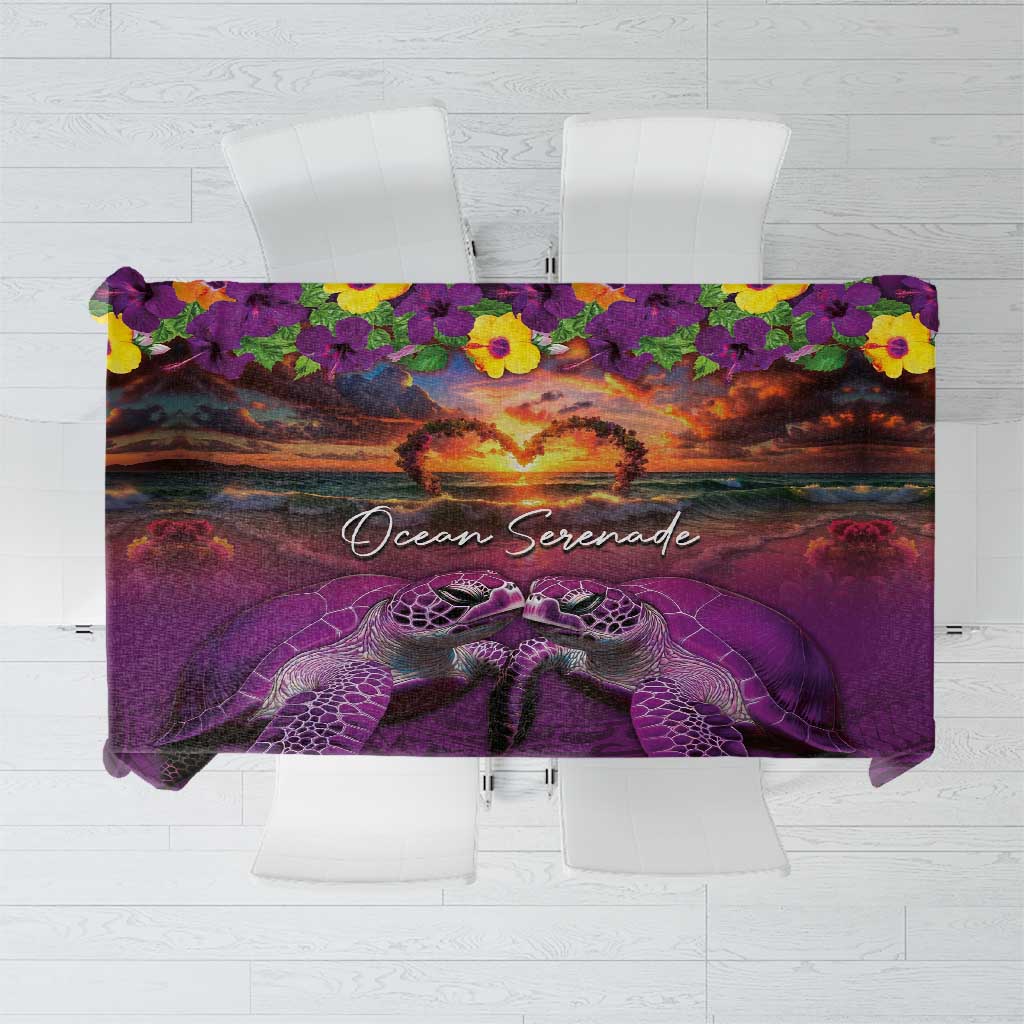 Hawaiian Turtle Love Couple Tablecloth Ocean Serenade - Honu Honi Ihu with Hibiscus and Romantic Sunset Purple Color