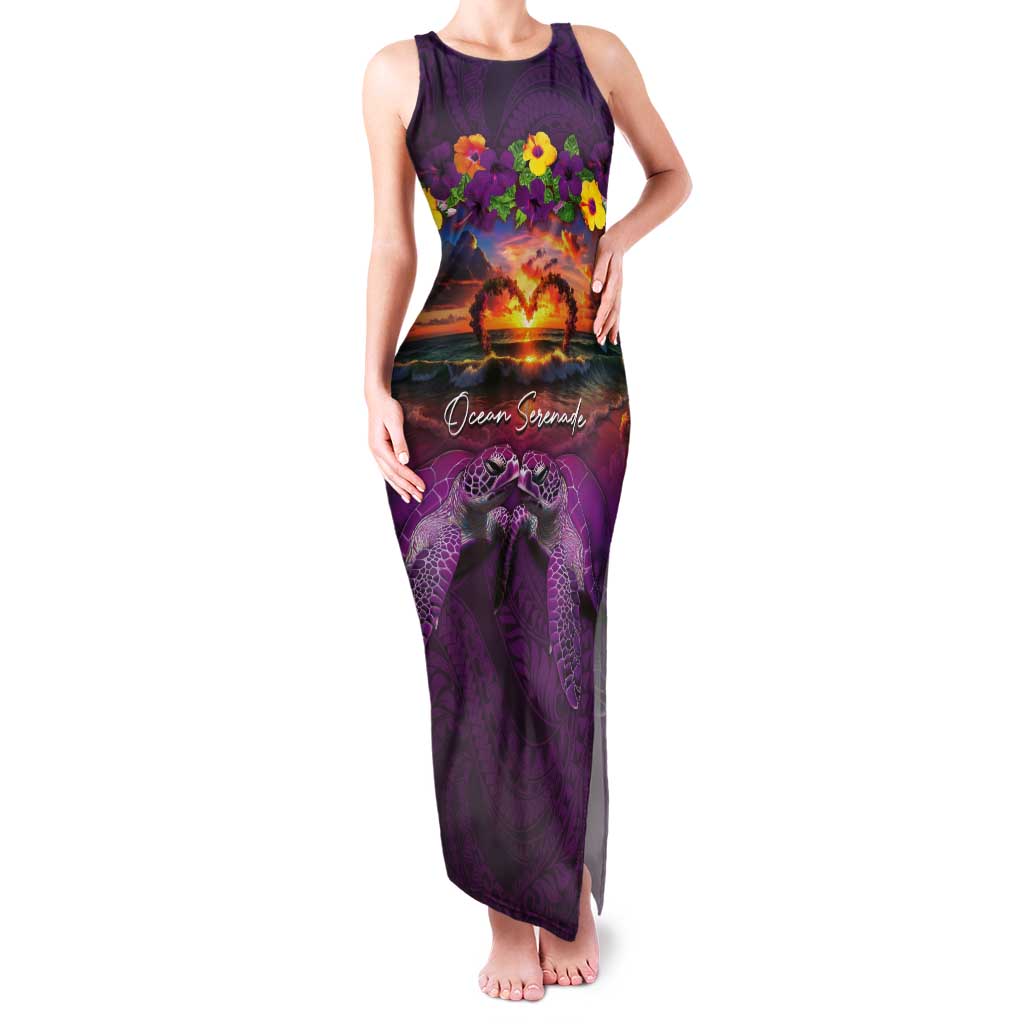 Hawaiian Turtle Love Couple Tank Maxi Dress Ocean Serenade - Honu Honi Ihu with Hibiscus and Romantic Sunset Purple Color