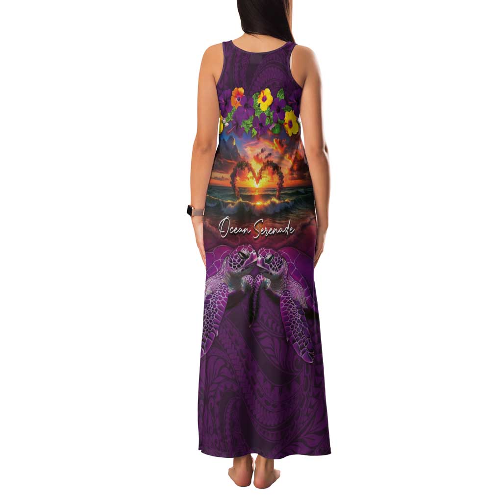 Hawaiian Turtle Love Couple Tank Maxi Dress Ocean Serenade - Honu Honi Ihu with Hibiscus and Romantic Sunset Purple Color LT03 - Polynesian Pride
