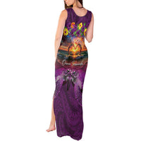 Hawaiian Turtle Love Couple Tank Maxi Dress Ocean Serenade - Honu Honi Ihu with Hibiscus and Romantic Sunset Purple Color LT03 - Polynesian Pride