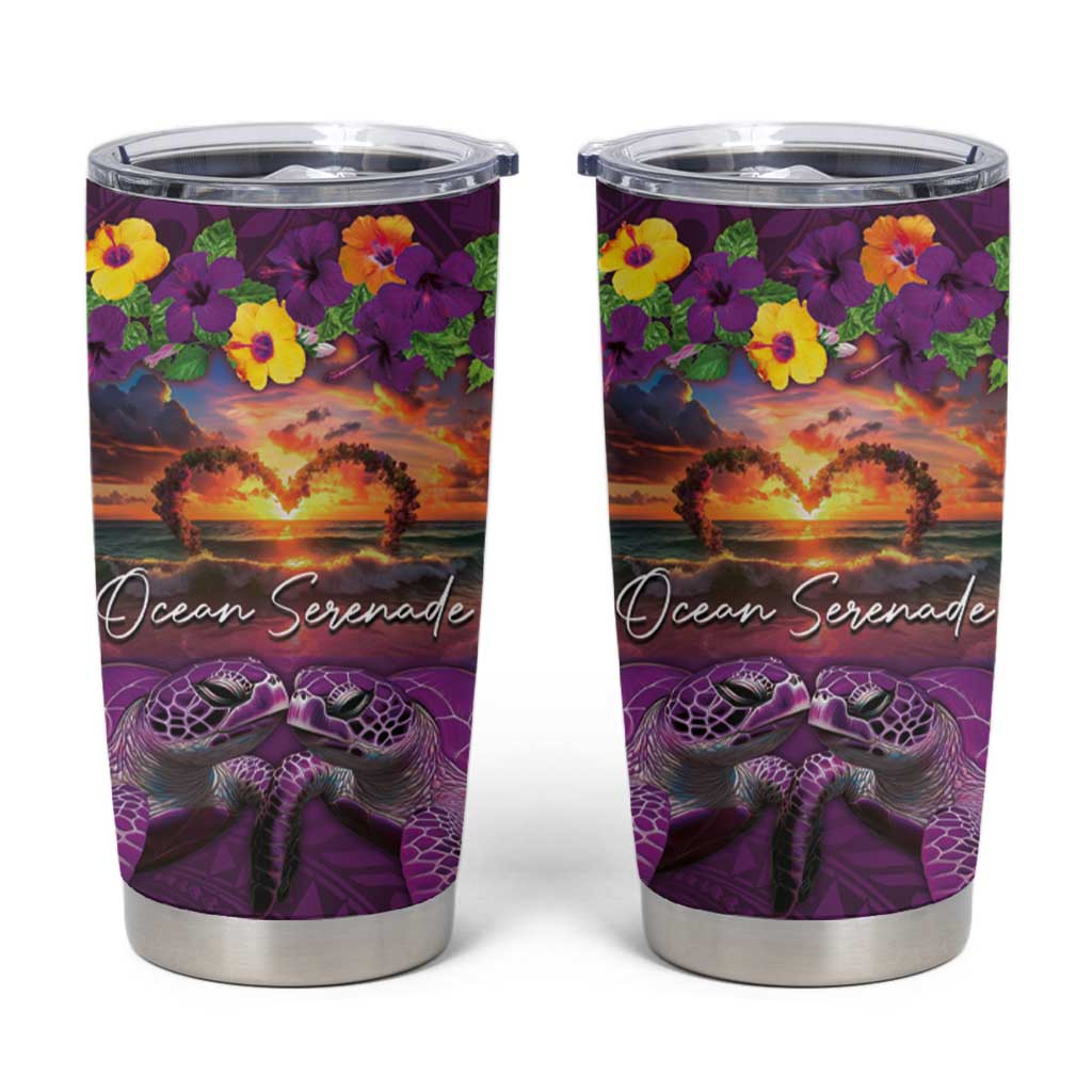 Hawaiian Turtle Love Couple Tumbler Cup Ocean Serenade - Honu Honi Ihu with Hibiscus and Romantic Sunset Purple Color