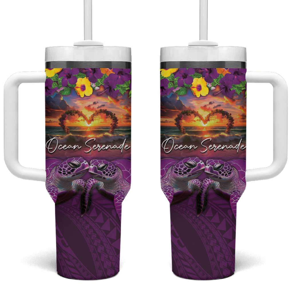 Hawaiian Turtle Love Couple Tumbler With Handle Ocean Serenade - Honu Honi Ihu with Hibiscus and Romantic Sunset Purple Color