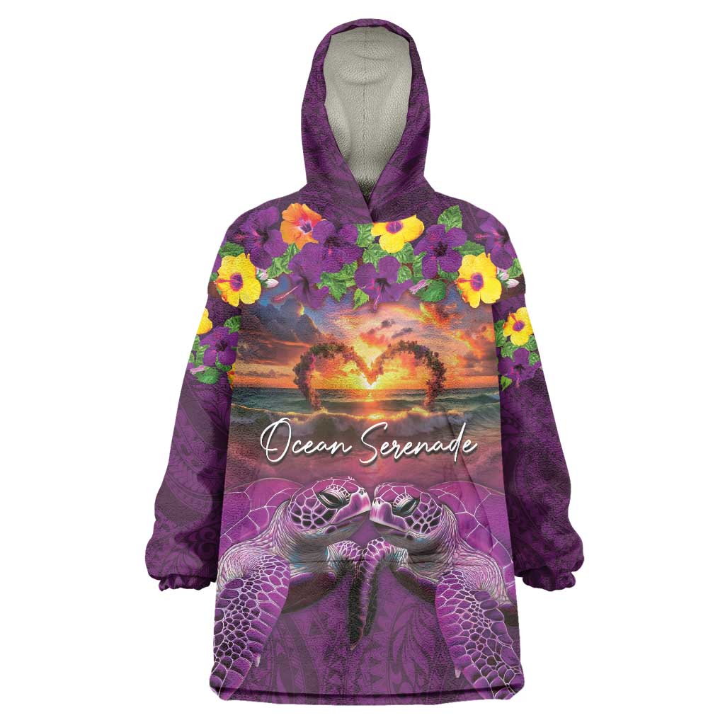 Hawaiian Turtle Love Couple Wearable Blanket Hoodie Ocean Serenade - Honu Honi Ihu with Hibiscus and Romantic Sunset Purple Color